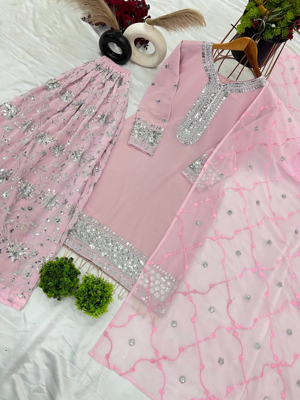 Baby Pink Color Pure Heavy Faux Georgette With Embroidery And 3mm Sequence Work Designer Sharara Suit