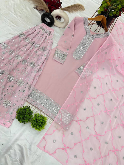 Baby Pink Color Pure Heavy Faux Georgette With Embroidery And 3mm Sequence Work Designer Sharara Suit