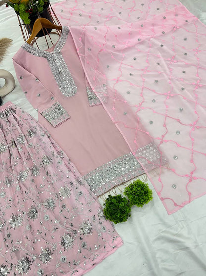 Baby Pink Color Pure Heavy Faux Georgette With Embroidery And 3mm Sequence Work Designer Sharara Suit