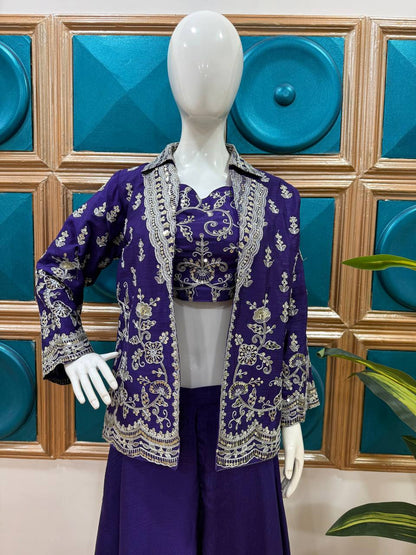 Designer Blue Color Chinon Front Side Full Embroidery Work Palazzo Suit