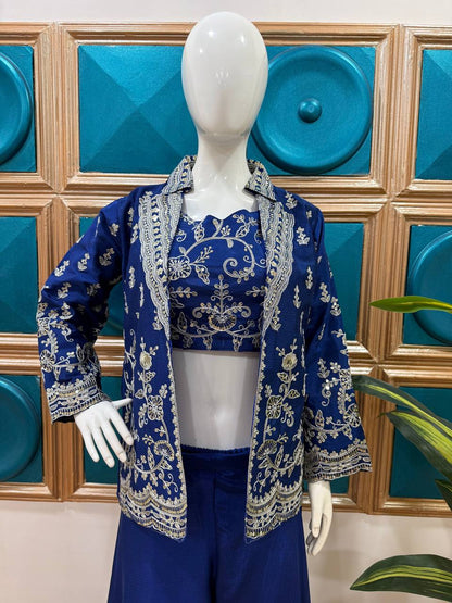 Designer Blue Color Chinon Front Side Full Embroidery Work Palazzo Suit