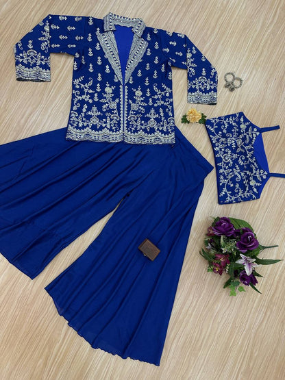 Designer Blue Color Chinon Front Side Full Embroidery Work Palazzo Suit