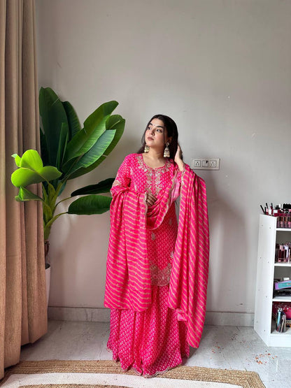 Pretty Pink Color Embroidered Work On Front Back With Diamond Work Sharara Suit