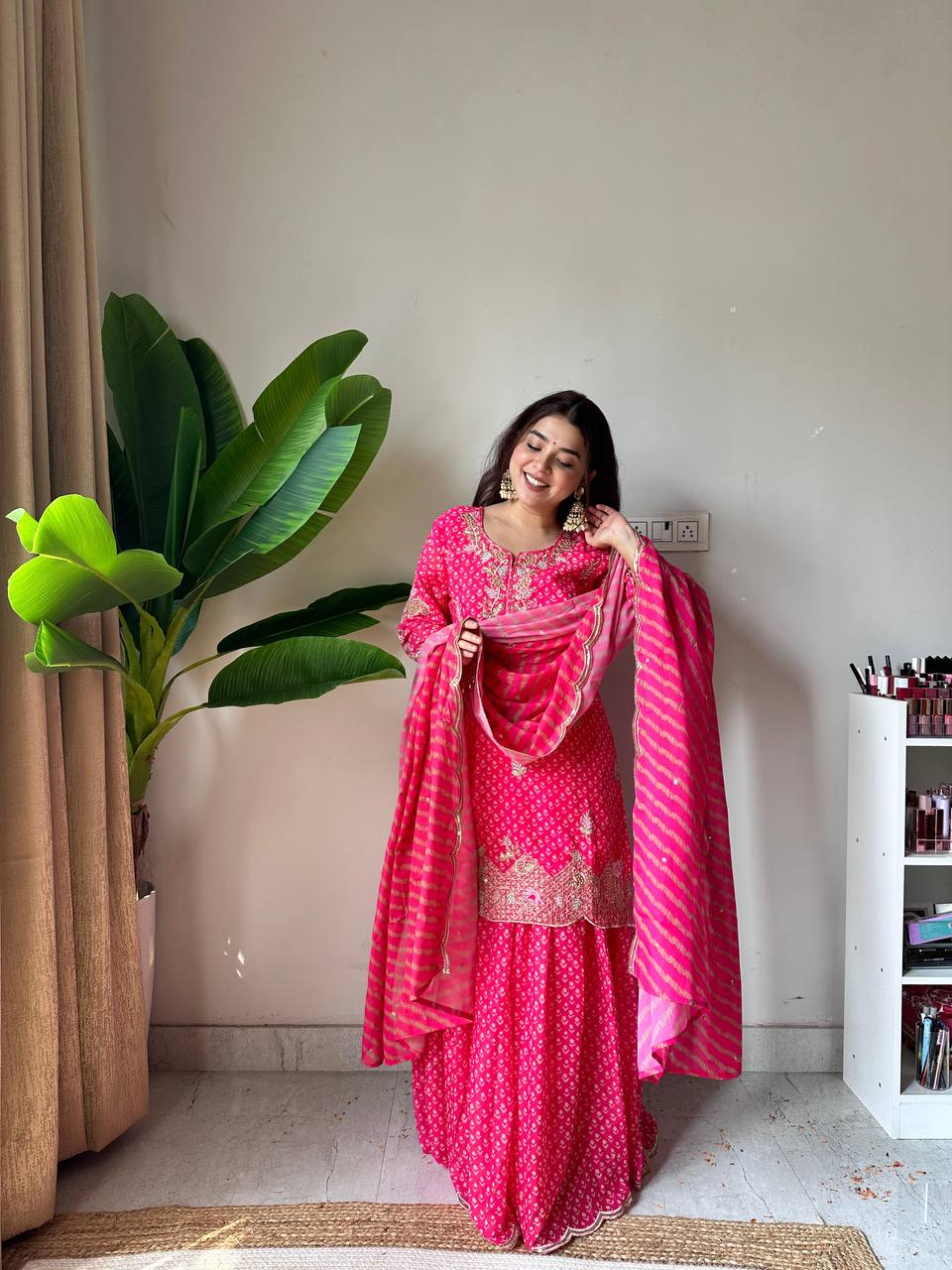 Pretty Pink Color Embroidered Work On Front Back With Diamond Work Sharara Suit