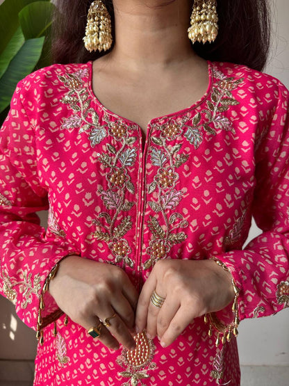 Pretty Pink Color Embroidered Work On Front Back With Diamond Work Sharara Suit