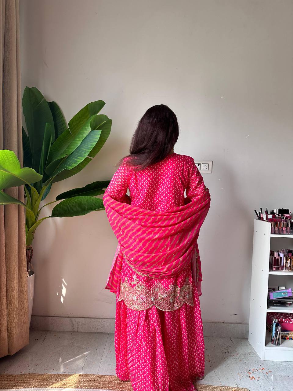 Pretty Pink Color Embroidered Work On Front Back With Diamond Work Sharara Suit