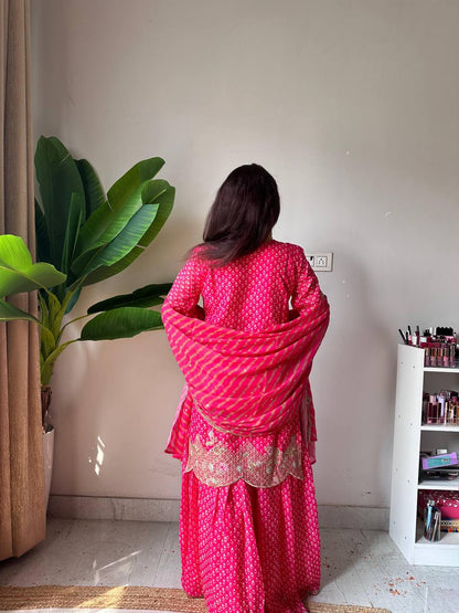 Pretty Pink Color Embroidered Work On Front Back With Diamond Work Sharara Suit