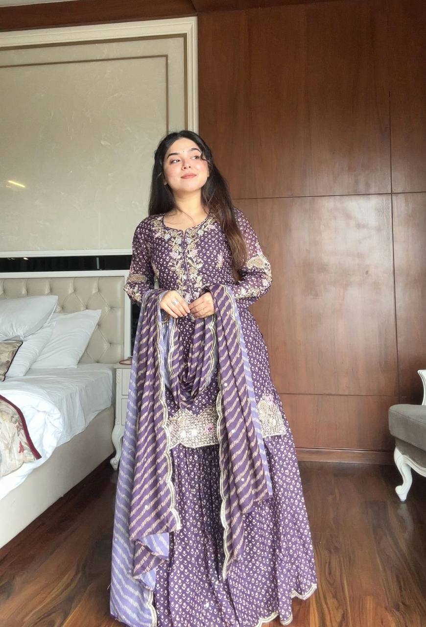 Attractive Purple Color Embroidered Diamond Work Sharara Suit With Dupatta