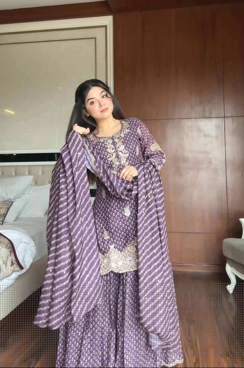 Attractive Purple Color Embroidered Diamond Work Sharara Suit With Dupatta