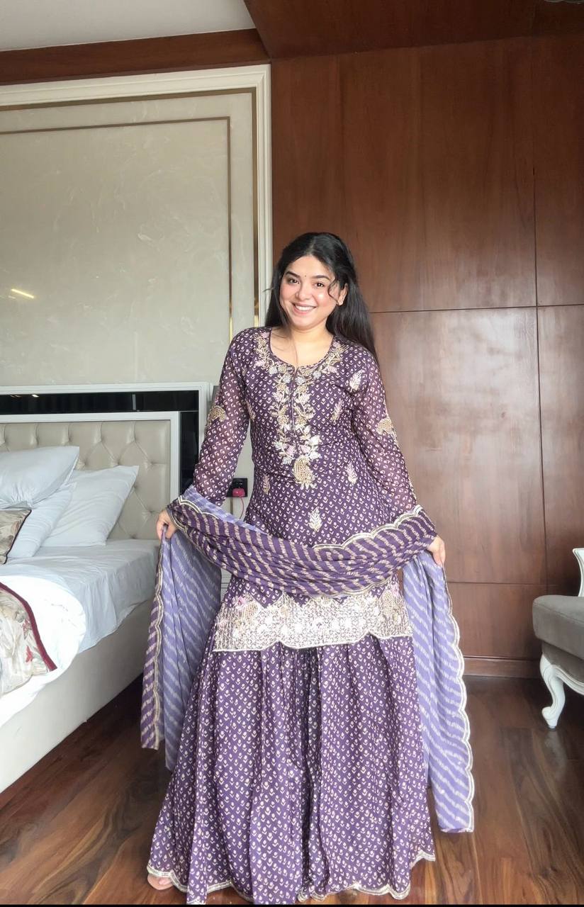 Attractive Purple Color Embroidered Diamond Work Sharara Suit With Dupatta