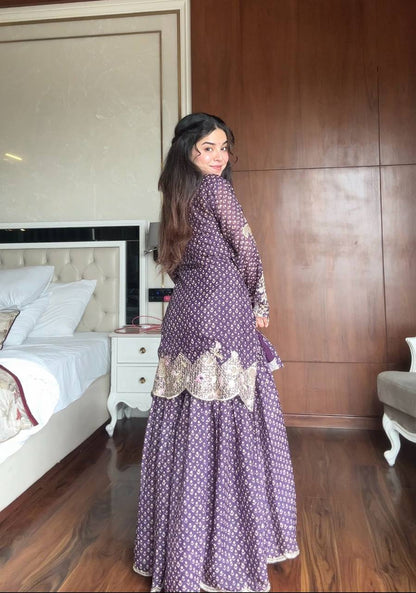 Attractive Purple Color Embroidered Diamond Work Sharara Suit With Dupatta