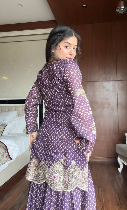 Attractive Purple Color Embroidered Diamond Work Sharara Suit With Dupatta