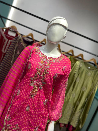 Pretty Pink Color Embroidered Work On Front Back With Diamond Work Sharara Suit
