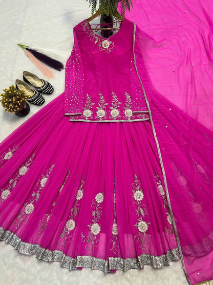 Gorgeous Pink Color Embroidered Top With Designer Lehenga