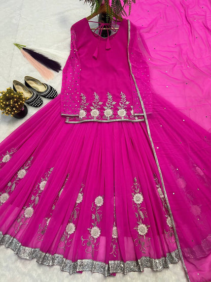 Gorgeous Pink Color Embroidered Top With Designer Lehenga