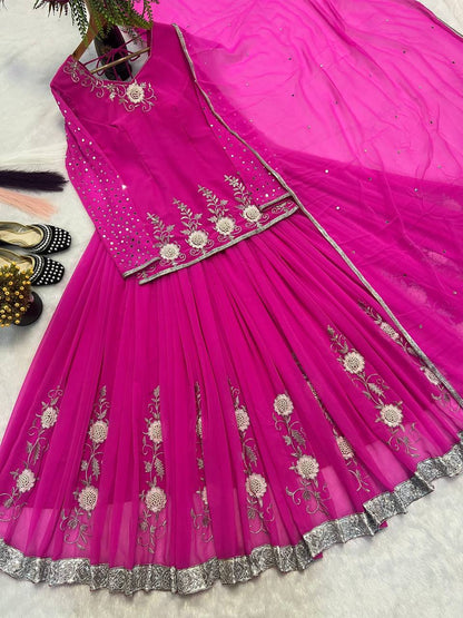 Gorgeous Pink Color Embroidered Top With Designer Lehenga