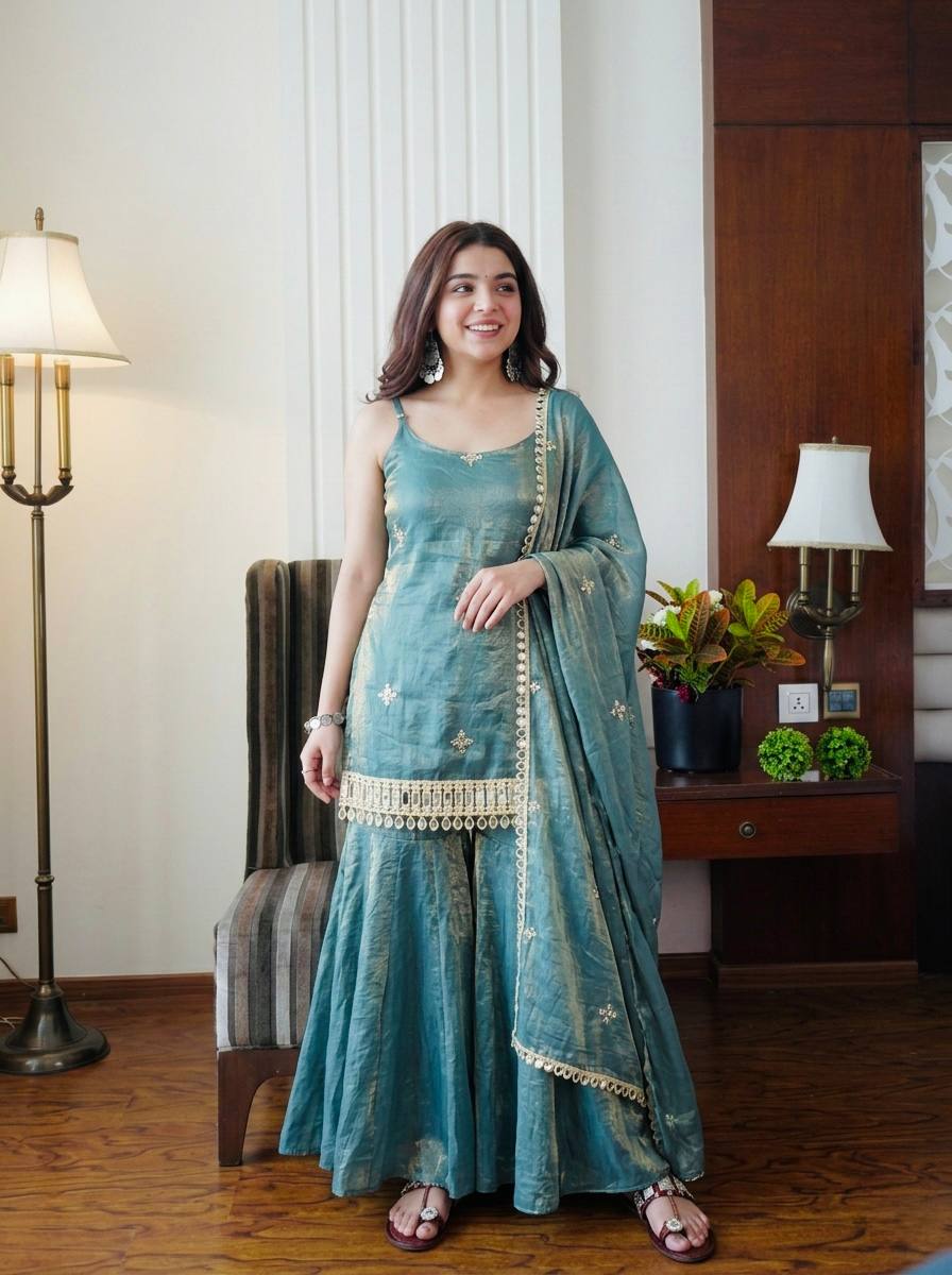 Wedding Wear Sky Blue Color Fendy Silk Mirror Work Sharara Set