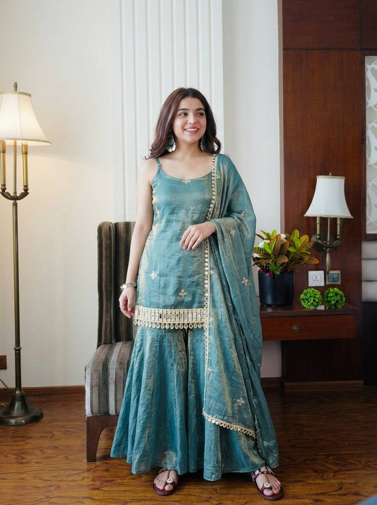 Wedding Wear Sky Blue Color Fendy Silk Mirror Work Sharara Set