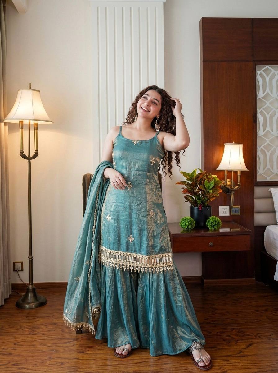 Wedding Wear Sky Blue Color Fendy Silk Mirror Work Sharara Set