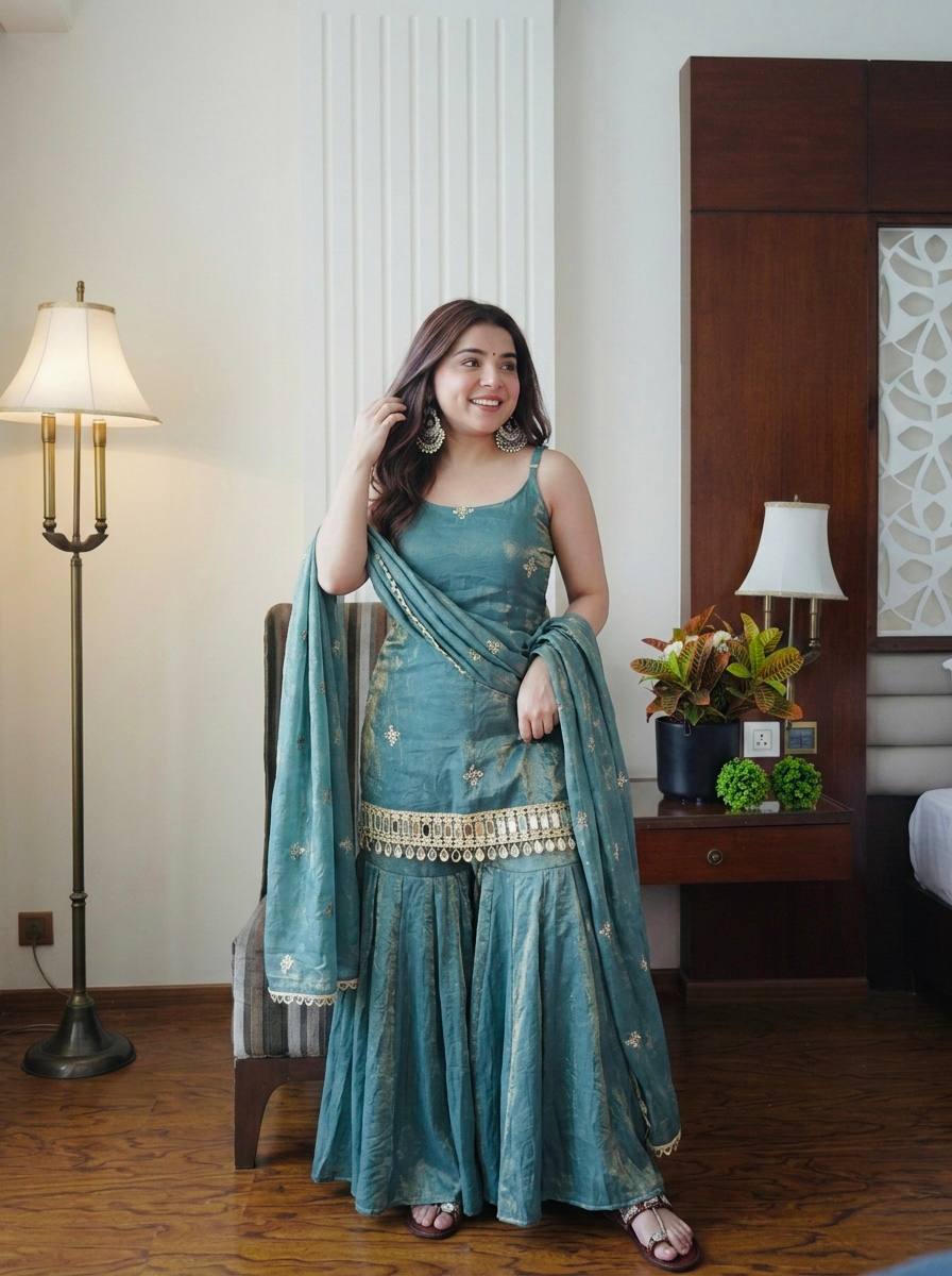 Wedding Wear Sky Blue Color Fendy Silk Mirror Work Sharara Set