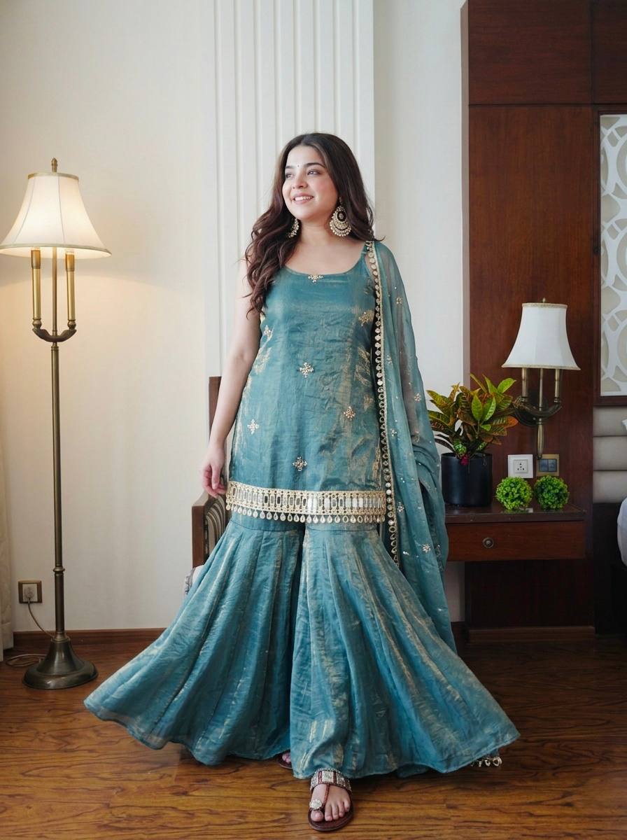 Wedding Wear Sky Blue Color Fendy Silk Mirror Work Sharara Set