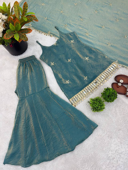Wedding Wear Sky Blue Color Fendy Silk Mirror Work Sharara Set
