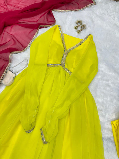 Casaul Wear Lemon Yellow Color Georgette Beautiful Anarkali Suit