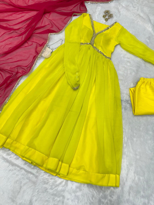 Casaul Wear Lemon Yellow Color Georgette Beautiful Anarkali Suit