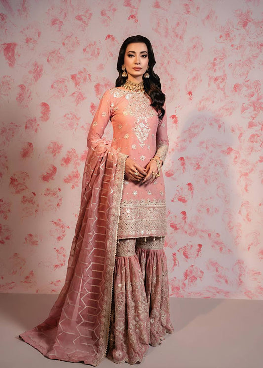 Alluring Peach Color Heavy Faux Georgette With Embroidery Sequence Work Sharara Suit