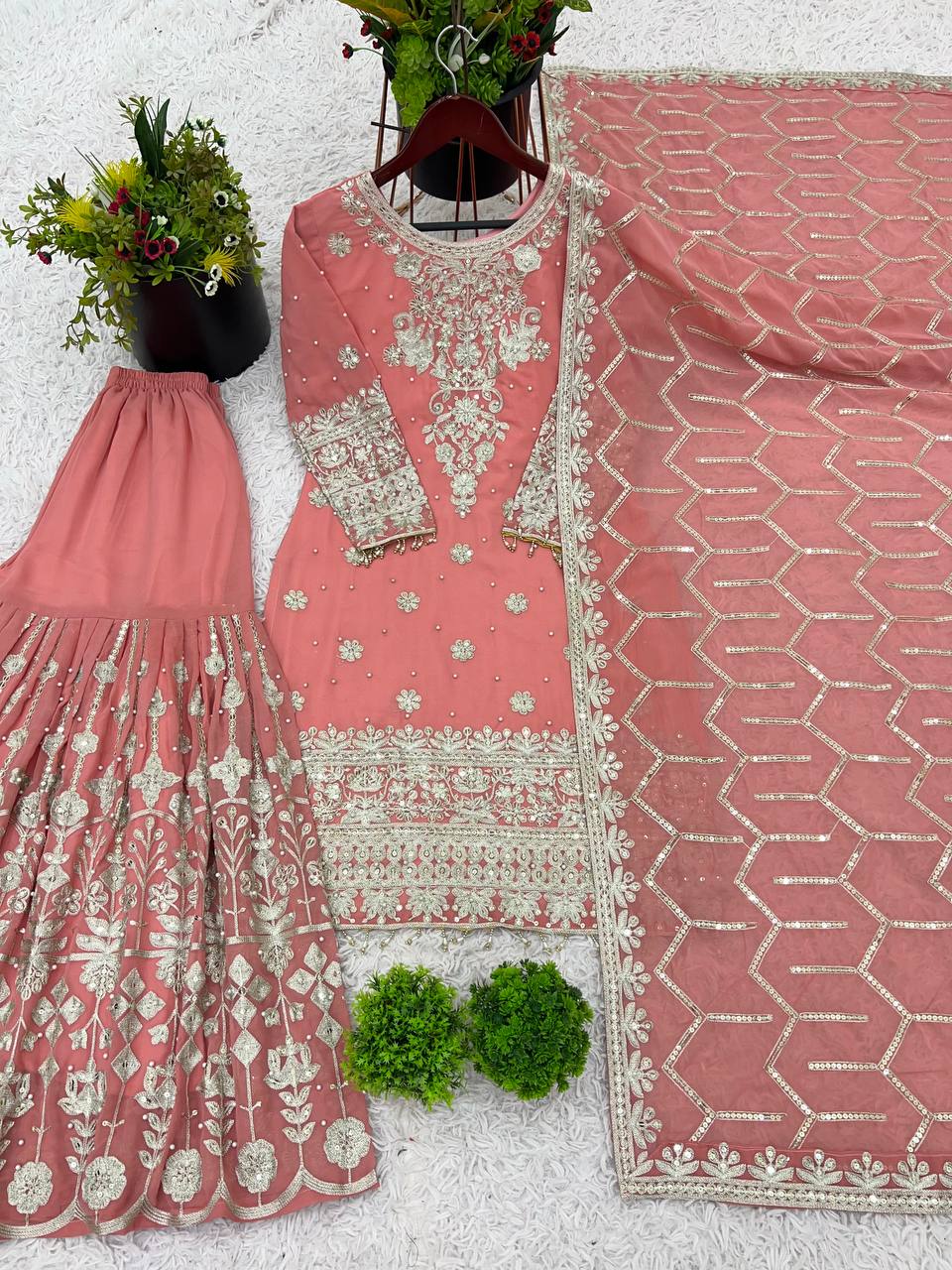 Alluring Peach Color Heavy Faux Georgette With Embroidery Sequence Work Sharara Suit