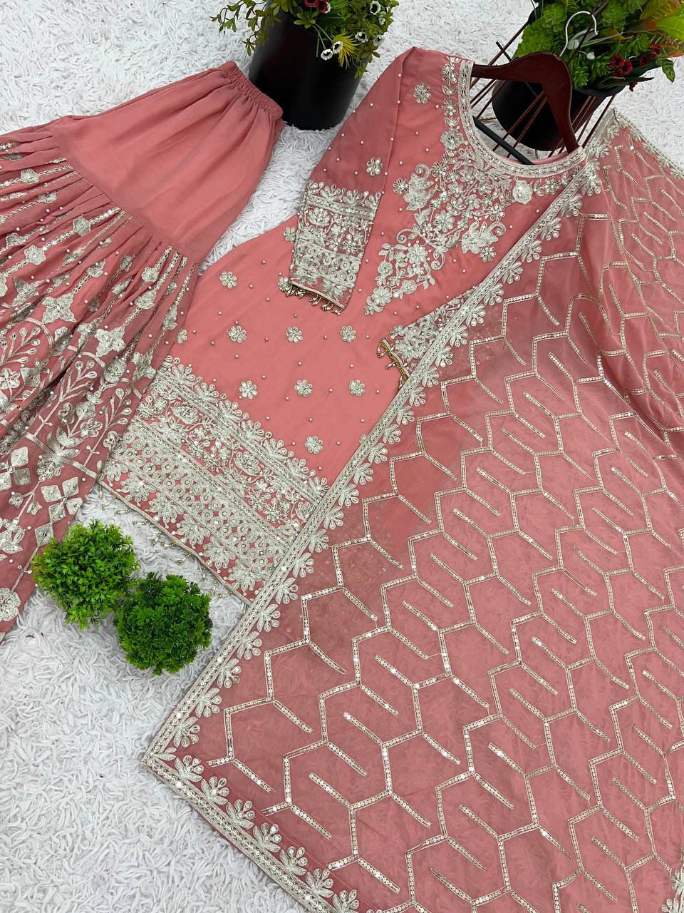 Alluring Peach Color Heavy Faux Georgette With Embroidery Sequence Work Sharara Suit