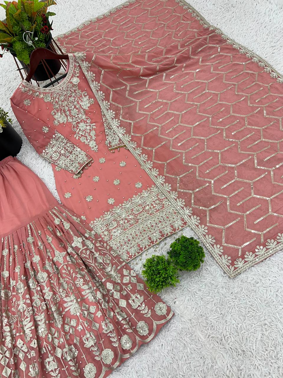 Alluring Peach Color Heavy Faux Georgette With Embroidery Sequence Work Sharara Suit