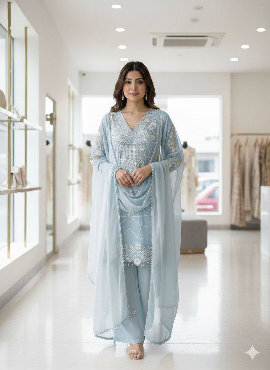 Party Wear Sky Blue Georgette Fully Stitched Palazzo Suit