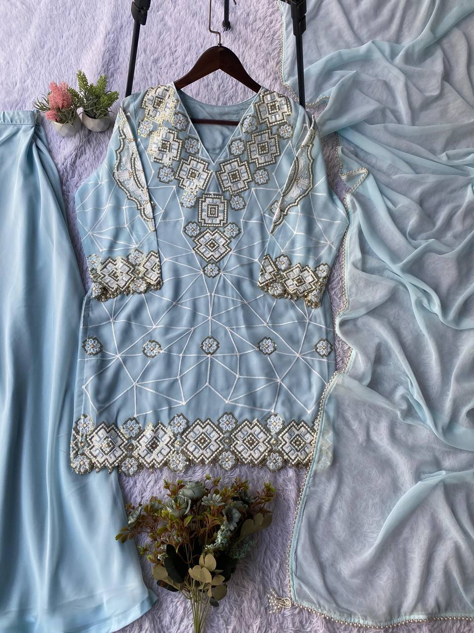 Party Wear Sky Blue Georgette Fully Stitched Palazzo Suit