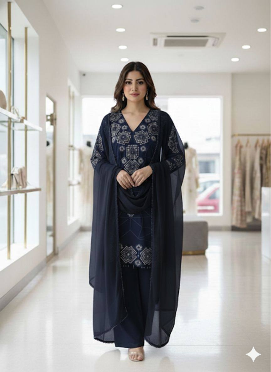 Party Wear Teal Blue Georgette Fully Stitched Palazzo Suit