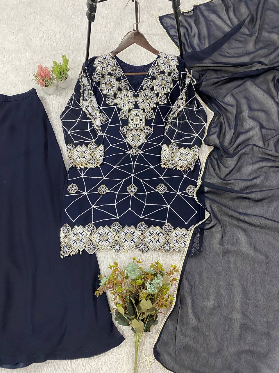 Party Wear Navy Blue Georgette Fully Stitched Palazzo Suit