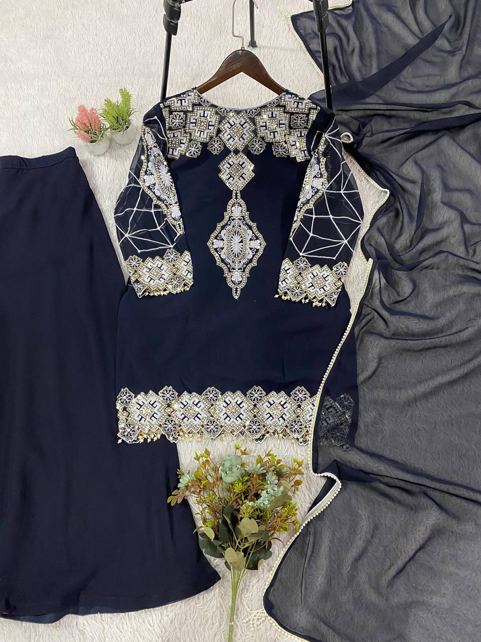Party Wear Navy Blue Georgette Fully Stitched Palazzo Suit