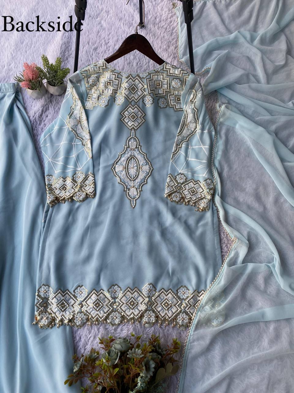 Party Wear Sky Blue Georgette Fully Stitched Palazzo Suit