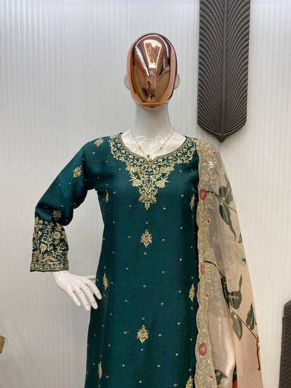 Engagement Wear Green Color Chinon With Sequence Embroidery Work Sharara Suit