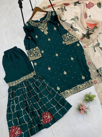 Engagement Wear Green Color Chinon With Sequence Embroidery Work Sharara Suit