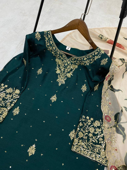 Engagement Wear Green Color Chinon With Sequence Embroidery Work Sharara Suit