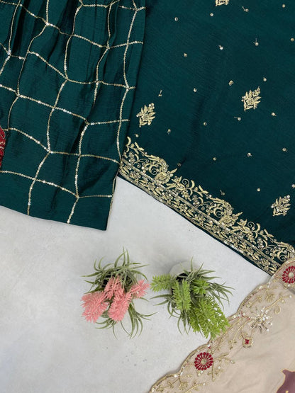 Engagement Wear Green Color Chinon With Sequence Embroidery Work Sharara Suit