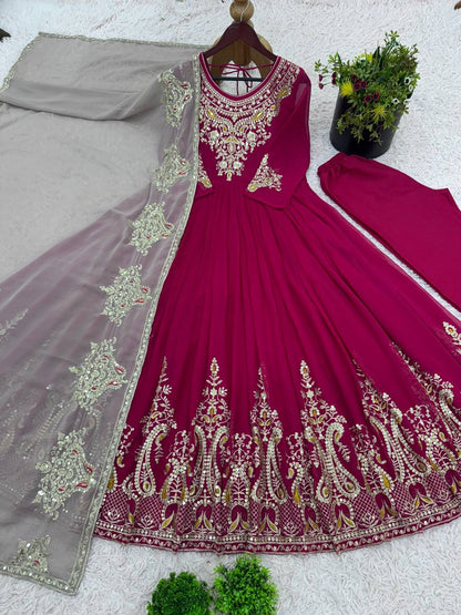 Reception Wear Marron Color Georgette With Multi Thread Embroidery Sequence Work Designer Gown