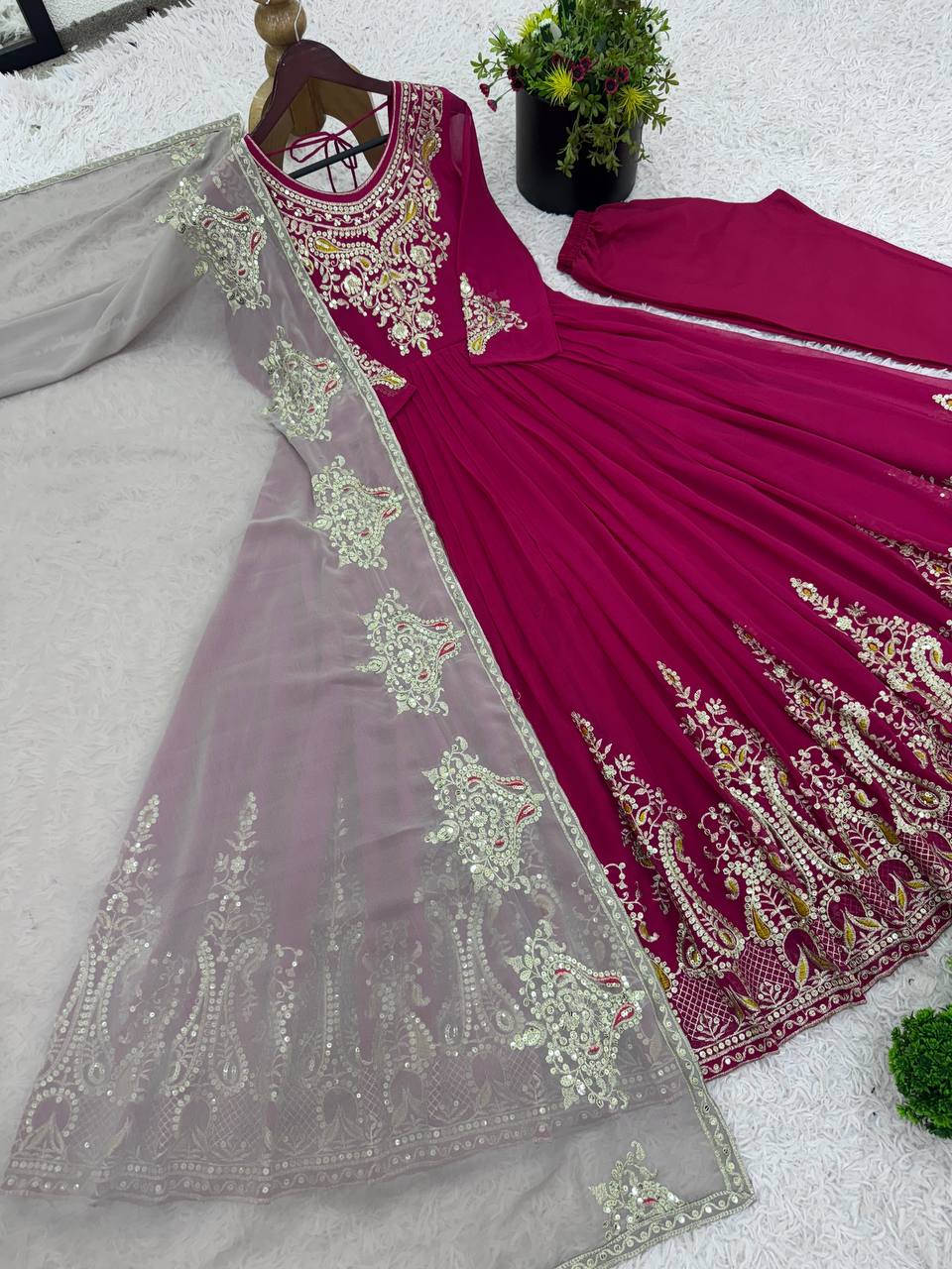 Reception Wear Marron Color Georgette With Multi Thread Embroidery Sequence Work Designer Gown