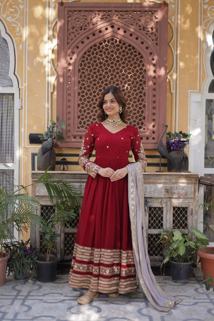 Outstanding Maroon Color Faux Blooming With Embroidery Zari Sequins Work Designer Gown