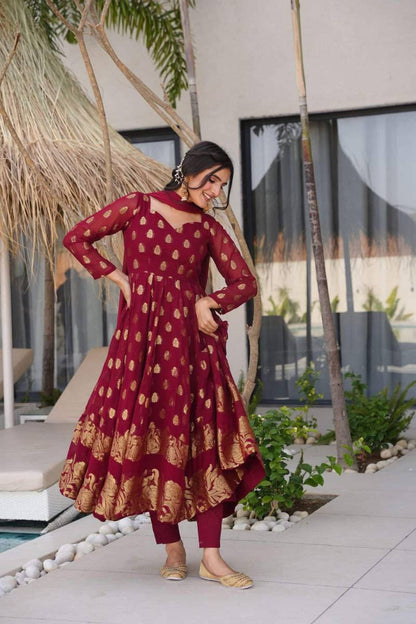 Elegant Jacquard Designer Anarkali Suit with Pants & Dupatta