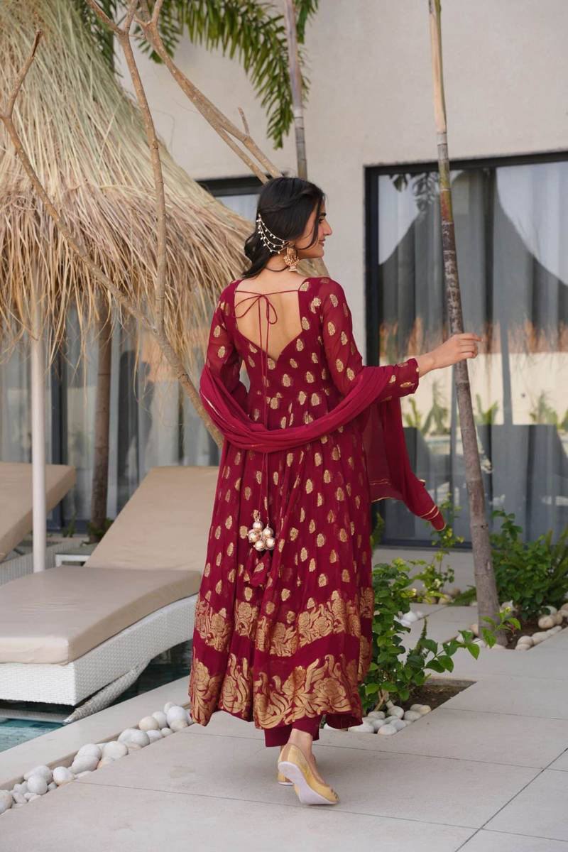 Elegant Jacquard Designer Anarkali Suit with Pants & Dupatta
