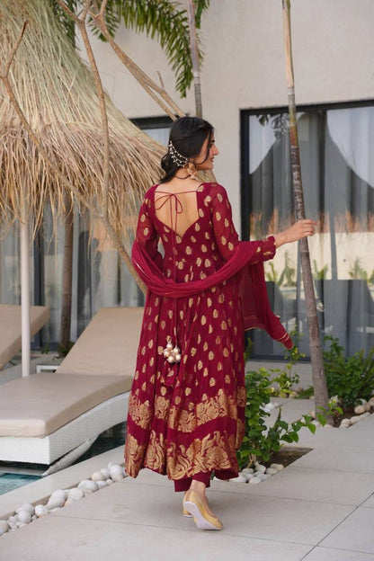 Elegant Jacquard Designer Anarkali Suit with Pants & Dupatta