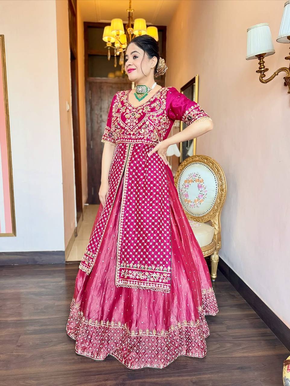 Designer Pink Color Chinon Silk Ready To Wear Lehenga Suit