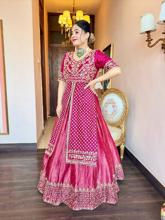 Designer Pink Color Chinon Silk Ready To Wear Lehenga Suit